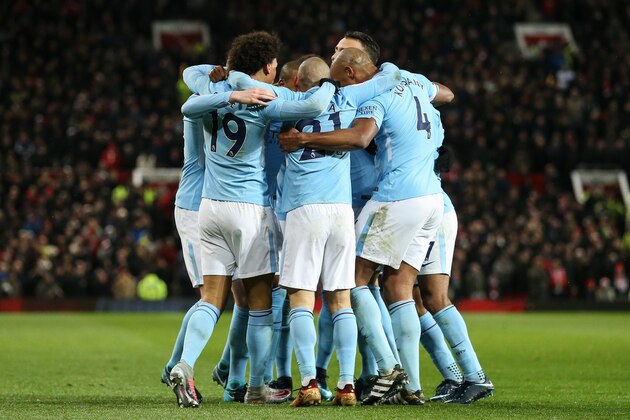 MANCHESTER, ENGLAND - DECEMBER 10: David Silva of Manchester City celebrates after scoring a goal to make it 0-1 during the Premier League match between Manchester United and Manchester City at Old Trafford on December 10, 2017 in Manchester, England. (Photo by Robbie Jay Barratt - AMA/Getty Images)