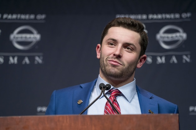 Oklahoma quarterback Baker Mayfield, winner of the Heisman Trophy, attends a news conference Saturday, Dec. 9, 2017, in New York. (AP Photo/Craig Ruttle)