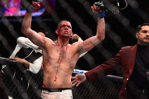 LAS VEGAS, NV - MARCH 05:  Nate Diaz reacts to his victory over Conor McGregor of Ireland during the UFC 196 event inside MGM Grand Garden Arena on March 5, 2016 in Las Vegas, Nevada.  (Photo by Jeff Bottari/Zuffa LLC/Zuffa LLC via Getty Images)