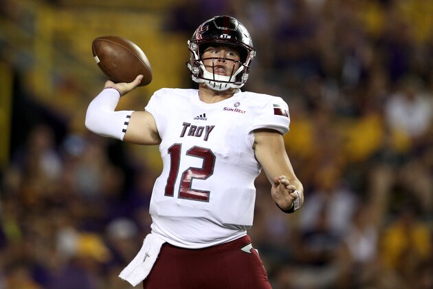 BATON ROUGE, LA - SEPTEMBER 30:  Brandon Silvers #12 of the Troy Trojans throws a pass against the LSU Tigers at Tiger Stadium on September 30, 2017 in Baton Rouge, Louisiana.  (Photo by Chris Graythen/Getty Images)