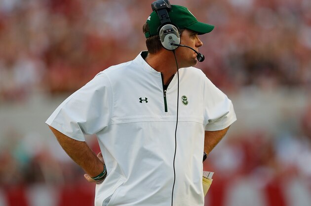 TUSCALOOSA, AL - SEPTEMBER 16:  Head coach Mike Bobo of the Colorado State Rams looks on during the game against the Alabama Crimson Tide at Bryant-Denny Stadium on September 16, 2017 in Tuscaloosa, Alabama.  (Photo by Kevin C. Cox/Getty Images)