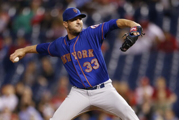New York Mets starting pitcher Matt Harvey (33) throws in the first inning of a baseball game against the Philadelphia Phillies, Friday, Sept. 29, 2017, in Philadelphia. (AP Photo/Laurence Kesterson)