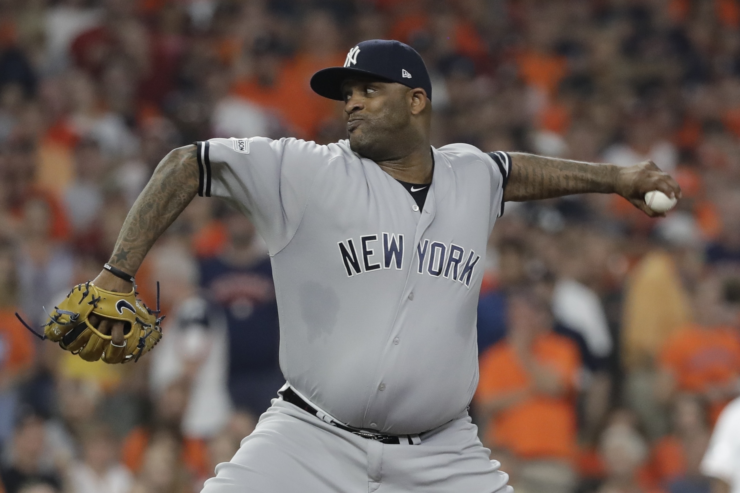 New York Yankees starting pitcher CC Sabathia throws during the first inning of Game 7 of baseball's American League Championship Series against the Houston Astros Saturday, Oct. 21, 2017, in Houston. (AP Photo/David J. Phillip) New York Yankees starting pitcher CC Sabathia throws during the first inning of Game 7 of baseball's American League Championship Series against the Houston Astros Saturday, Oct. 21, 2017, in Houston. (AP Photo/David J. Phillip)