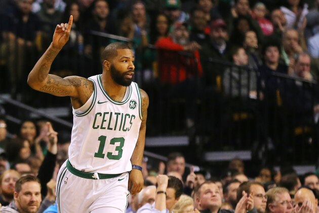 BOSTON, MA - DECEMBER 4: Marcus Morris #13 of the Boston Celtics celebrates after hitting a three point shot during the first quarter against the Milwaukee Bucks at TD Garden on December 4, 2017 in Boston, Massachusetts. (Photo by Maddie Meyer/Getty Images)