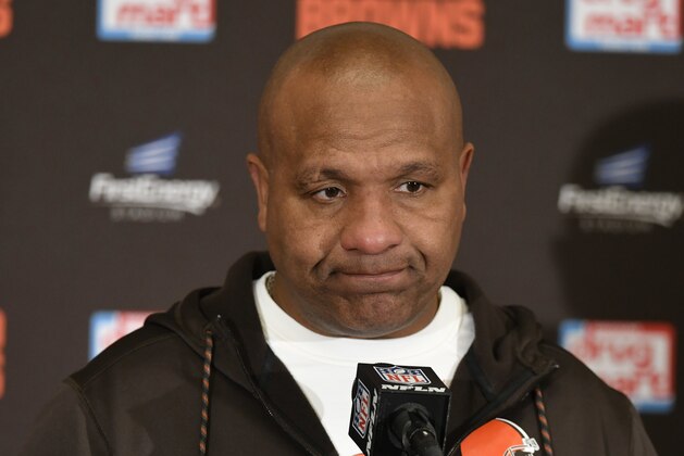File-This Dec. 10, 2017, file photo shows Cleveland Browns head coach Hue Jackson answering questions during a news conference after in an NFL football game, in Cleveland.  Jackson is confident owner Jimmy Haslam will stick to his plan and bring him back next season. Jackson, who is 0-13 this season and 1-28 in two years with Cleveland, laughed on Monday, Dec. 11, 2017, when asked about a report that new general manager John Dorsey wants to hire his own coach. Dorsey was named the club’s new GM last week by Haslam, who fired vice president of football operations Sashi Brown.(AP Photo/David Richard, File)