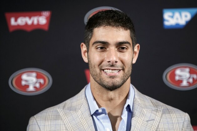San Francisco 49ers quarterback Jimmy Garoppolo talks with the media following an NFL football game against the Houston Texans, Sunday, Dec. 10, 2017, in Houston. (AP Photo/David J. Phillip)