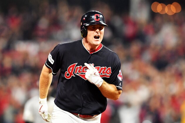 CLEVELAND, OH - OCTOBER 06:  Jay Bruce #32 of the Cleveland Indians runs the bases after hitting a solo home run in the eighth inning against the New York Yankees during game two of the American League Division Series at Progressive Field on October 6, 2017 in Cleveland, Ohio.  (Photo by Jason Miller/Getty Images)