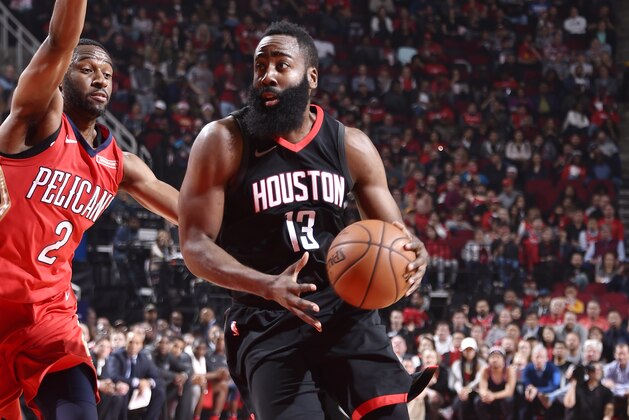 HOUSTON, TX - DECEMBER 11: James Harden #13 of the Houston Rockets handles the ball against the New Orleans Pelicans on December 11, 2017 at the Toyota Center in Houston, Texas. NOTE TO USER: User expressly acknowledges and agrees that, by downloading and or using this photograph, User is consenting to the terms and conditions of the Getty Images License Agreement. Mandatory Copyright Notice: Copyright 2017 NBAE (Photo by Bill Baptist/NBAE via Getty Images)