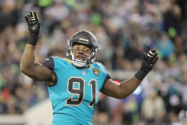 JACKSONVILLE, FL - DECEMBER 10:   Yannick Ngakoue #91 of the Jacksonville Jaguars waits on the field during the second half of their game against the Seattle Seahawks at EverBank Field on December 10, 2017 in Jacksonville, Florida.  (Photo by Sam Greenwood/Getty Images)