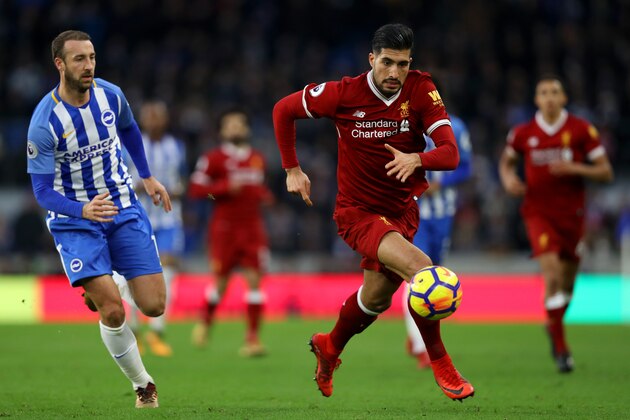 BRIGHTON, ENGLAND - DECEMBER 02:  Emre Can of Liverpool runs with the ball during the Premier League match between Brighton and Hove Albion and Liverpool at Amex Stadium on December 2, 2017 in Brighton, England.  (Photo by Dan Istitene/Getty Images)