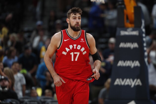 Toronto Raptors center Jonas Valanciunas (17) in the first half of an NBA basketball game Wednesday, Nov. 1, 2017, in Denver. (AP Photo/David Zalubowski)