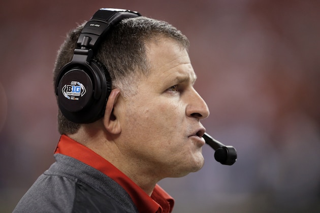 INDIANAPOLIS, IN - DECEMBER 02: Defensive coordinator Greg Schiano of the Ohio State Buckeyes looks on during the Big Ten Championship against the Wisconsin Badgers at Lucas Oil Stadium on December 2, 2017 in Indianapolis, Indiana. (Photo by Joe Robbins/Getty Images)