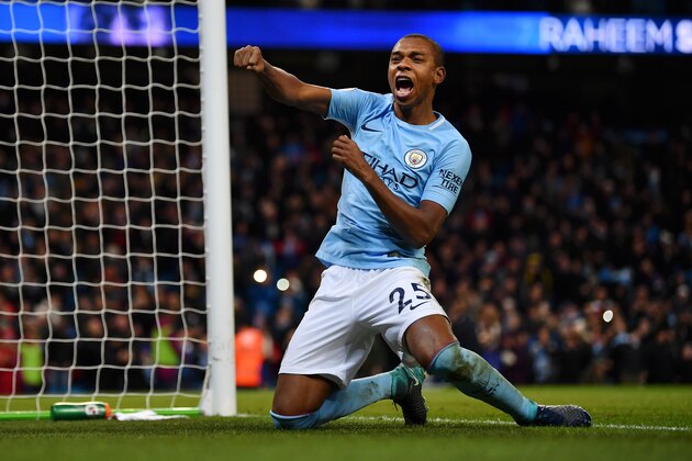 MANCHESTER, ENGLAND - NOVEMBER 29: Fernandinho of Manchester City celebrates his sides second goal during the Premier League match between Manchester City and Southampton at Etihad Stadium on November 29, 2017 in Manchester, England.  (Photo by Dan Mullan/Getty Images)
