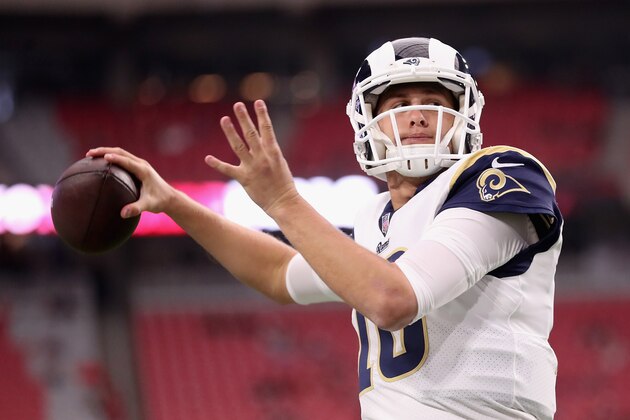 GLENDALE, AZ - DECEMBER 03:  Quarterback Jared Goff #16 of the Los Angeles Rams warms up before the NFL game against the Arizona Cardinals at the University of Phoenix Stadium on December 3, 2017 in Glendale, Arizona. The Rams defeated the Cardinals 32-16.  (Photo by Christian Petersen/Getty Images)
