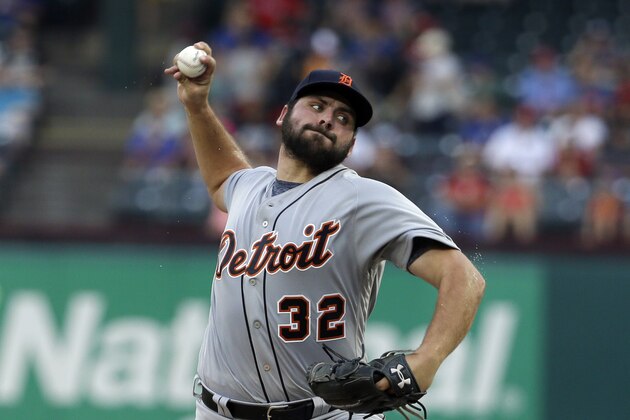 FILE - This Aug. 14, 2017 file photo shows Detroit Tigers starting pitcher Michael Fulmer throwing to the Texas Rangers in the first inning of a baseball game in Arlington, Texas. Fulmer will undergo elbow surgery on Tuesday, Sept. 12, 2017 and miss the remainder of the season, manager Brad Ausmus said Monday. Fulmer will have ulnar nerve transposition surgery performed by Dr. James Andrews in Florida. The should alleviate the numbness he had been experiencing with fingers on his right hand. (AP Photo/Tony Gutierrez, file)