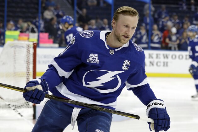 Tampa Bay Lightning center Steven Stamkos (91) before an NHL hockey game against the Colorado Avalanche Thursday, Dec. 7, 2017, in Tampa, Fla. (AP Photo/Chris O'Meara)