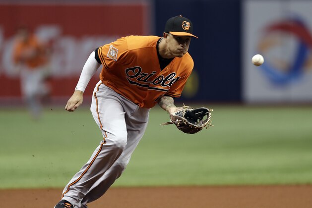 Baltimore Orioles third baseman Manny Machado fields a ground ball by Tampa Bay Rays' Wilson Ramos during the first inning of a baseball game Saturday, Sept. 30, 2017, in St. Petersburg, Fla. (AP Photo/Chris O'Meara)