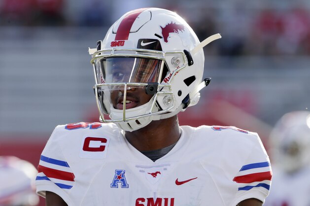 SMU wide receiver Courtland Sutton (16) during warm ups before the start of an NCAA college football game against Houston Saturday, Oct. 7, 2017, in Houston. (AP Photo/Michael Wyke)