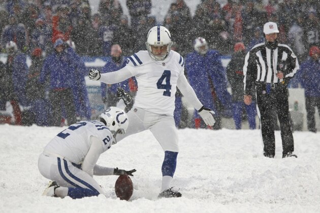 Indianapolis Colts kicker Adam Vinatieri, top, misses the winning field goal during the second half of an NFL football game against the Buffalo Bills, Sunday, Dec. 10, 2017, in Orchard Park, N.Y. (AP Photo/Jeffrey T. Barnes)