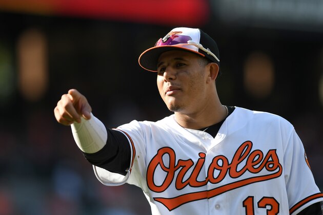 BALTIMORE, MD - SEPTEMBER 24:  Manny Machado #13 of the Baltimore Orioles plays third base against the Tampa Bay Rays at Oriole Park at Camden Yards on September 24, 2017 in Baltimore, Maryland.  (Photo by G Fiume/Getty Images)