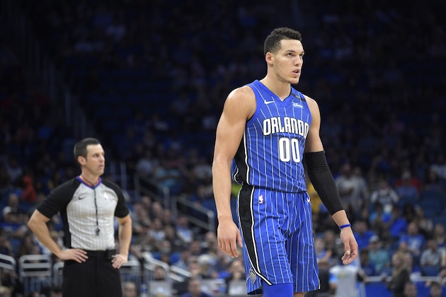 Orlando Magic forward Aaron Gordon (00) stands on the court after being called for a foul during the first half of an NBA basketball game against the Utah Jazz Saturday, Nov. 18, 2017, in Orlando, Fla. (AP Photo/Phelan M. Ebenhack)