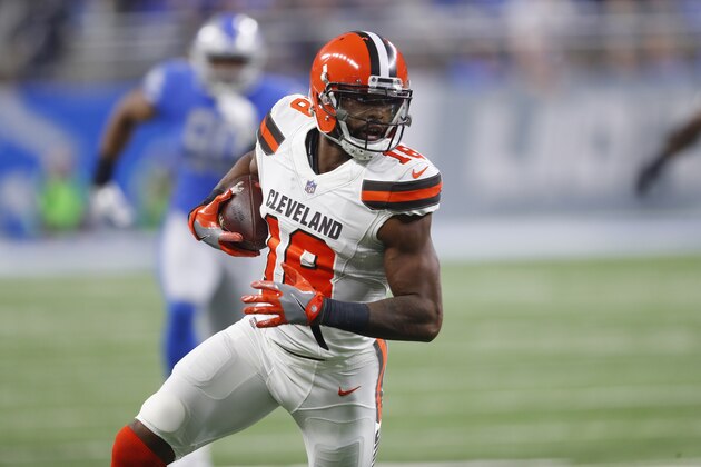Cleveland Browns wide receiver Kenny Britt (18) runs after a catch against the Detroit Lions during an NFL football game in Detroit, Sunday, Nov. 12, 2017. (AP Photo/Paul Sancya)