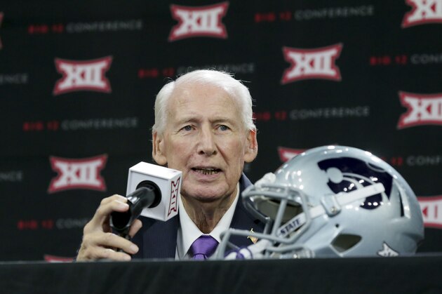 FILE - In this July 18, 2017, file photo, Kansas State head coach Bill Snyder speaks to reporters during the Big 12 NCAA college football media day in Frisco, Texas. Snyder is back on the sideline and Jesse Ertz is back under center, and those two facts alone are enough to make Kansas State a dangerous contender in a wide-open Big 12 this season. (AP Photo/LM Otero, File)