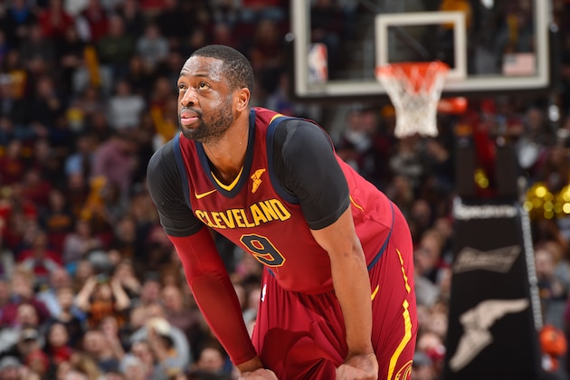 CLEVELAND, OH - DECEMBER 9:  Dwyane Wade #9 of the Cleveland Cavaliers looks on during the game against the Philadelphia 76ers on December 9, 2017 at Quicken Loans Arena in Cleveland, Ohio.  NOTE TO USER: User expressly acknowledges and agrees that, by downloading and or using this Photograph, user is consenting to the terms and conditions of the Getty Images License Agreement. Mandatory Copyright Notice: Copyright 2017 NBAE (Photo by Jesse D. Garrabrant/NBAE via Getty Images)