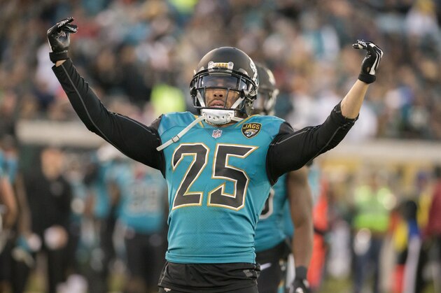 Jacksonville Jaguars defensive back Peyton Thompson (25) celebrates a tackle against the Seattle Seahawks during the first half of an NFL football game, Sunday, Dec. 10, 2017, in Jacksonville, Fla. (AP Photo/Stephen B. Morton)