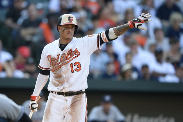 Baltimore Orioles' Manny Machado gestures during his at bat in a baseball game against the New York Yankees, Monday, Sept. 4, 2017, in Baltimore. The Yankees won 7-4. (AP Photo/Nick Wass)