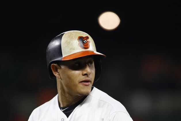 Baltimore Orioles' Manny Machado takes a lead from first base during a baseball game against the Seattle Mariners in Baltimore, Monday, Aug. 28, 2017. (AP Photo/Patrick Semansky)