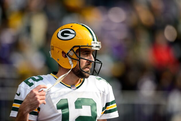 MINNEAPOLIS, MN - OCTOBER 15: Aaron Rodgers #12 of the Green Bay Packers looks on before the game against the Minnesota Vikings on October 15, 2017 at US Bank Stadium in Minneapolis, Minnesota. (Photo by Hannah Foslien/Getty Images)