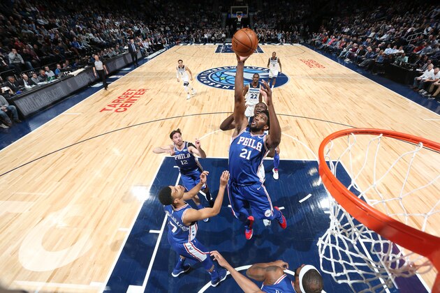 MINNEAPOLIS, MN - DECEMBER 12:  Joel Embiid #21 of the Philadelphia 76ers handles the ball against the Minnesota Timberwolves  on December 12, 2017 at Target Center in Minneapolis, Minnesota. NOTE TO USER: User expressly acknowledges and agrees that, by downloading and or using this Photograph, user is consenting to the terms and conditions of the Getty Images License Agreement. Mandatory Copyright Notice: Copyright 2017 NBAE (Photo by David Sherman/NBAE via Getty Images)