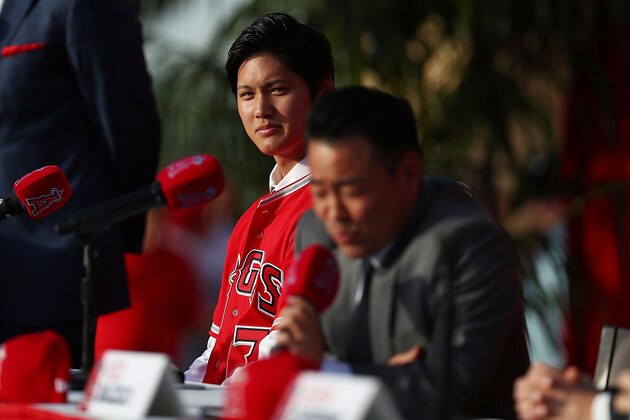 ANAHEIM, CA - DECEMBER 09:  Shohei Ohtani speaks onstage during his introduceion to the Los Angeles Angels of Anaheim at Angel Stadium of Anaheim on December 9, 2017 in Anaheim, California.  (Photo by Joe Scarnici/Getty Images)