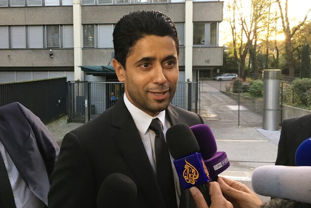 Paris Saint-Germain president Nasser Al-Khelaifi speaks to the media after a meeting today with Swiss prosecutors in Bern, Switzerland, Wednesday Oct. 25, 2017. Nasser Al-Khelaifi, a Qatari soccer and television executive, was subjected to a full day of questioning Wednesday by Swiss investigators who say he bribed a FIFA official in a World Cup broadcasting rights deal. (AP Photo/Graham Dunbar)