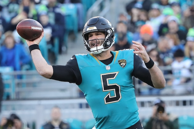 JACKSONVILLE, FL - DECEMBER 10:  Blake Bortles #5 of the Jacksonville Jaguars looks to pass the football during the first half of their game against the Seattle Seahawks at EverBank Field on December 10, 2017 in Jacksonville, Florida.  (Photo by Sam Greenwood/Getty Images)