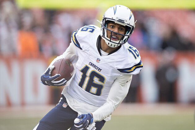 CLEVELAND, OH - DECEMBER 24:  Tyrell Williams #16 of the San Diego Chargers runs the ball during a game against the Cleveland Browns at FirstEnergy Stadium on December 24, 2016 in Cleveland, Ohio.  The Browns defeated the Chargers 20-17.  (Photo by Wesley Hitt/Getty Images)