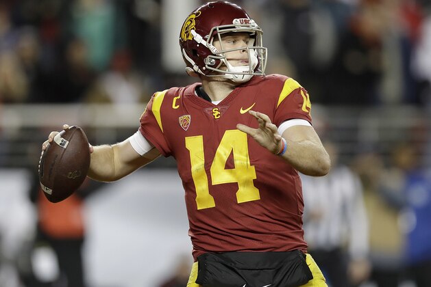 Southern California quarterback Sam Darnold (14) passes against Stanford during the second half of the Pac-12 Conference championship NCAA college football game in Santa Clara, Calif., Friday, Dec. 1, 2017. (AP Photo/Marcio Jose Sanchez)