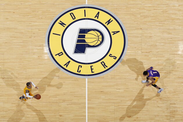 INDIANAPOLIS, IN - FEBRUARY 8: General view of the Indiana Pacers logo at half court as action takes place during the game against the Los Angeles Lakers at Bankers Life Fieldhouse on February 8, 2016 in Indianapolis, Indiana. The Pacers defeated the Lakers 89-87. NOTE TO USER: User expressly acknowledges and agrees that, by downloading and or using the photograph, User is consenting to the terms and conditions of the Getty Images License Agreement. (Photo by Joe Robbins/Getty Images)
