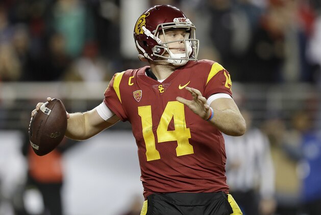 Southern California quarterback Sam Darnold (14) passes against Stanford during the second half of the Pac-12 Conference championship NCAA college football game in Santa Clara, Calif., Friday, Dec. 1, 2017. (AP Photo/Marcio Jose Sanchez)