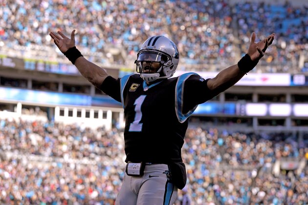 CHARLOTTE, NC - DECEMBER 10:  Cam Newton #1 of the Carolina Panthers reacts after a touchdown against the Minnesota Vikings in the third quarter during their game at Bank of America Stadium on December 10, 2017 in Charlotte, North Carolina.  (Photo by Streeter Lecka/Getty Images)