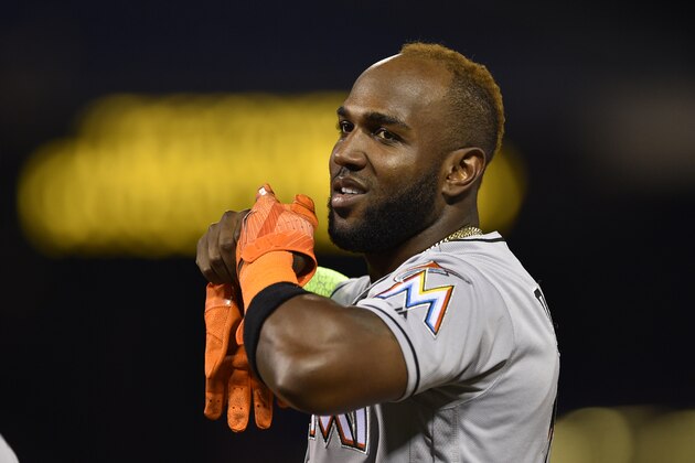 Miami Marlins' Marcell Ozuna in action during the second baseball game in a doubleheader against the Philadelphia Phillies, Tuesday, Aug. 22, 2017, in Philadelphia. (AP Photo/Derik Hamilton)