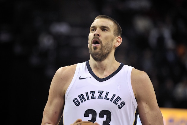 Memphis Grizzlies center Marc Gasol (33) prepares to shoot a free throw in overtime of an NBA basketball game against the Oklahoma City Thunder Saturday, Dec. 9, 2017, in Memphis, Tenn. (AP Photo/Brandon Dill)