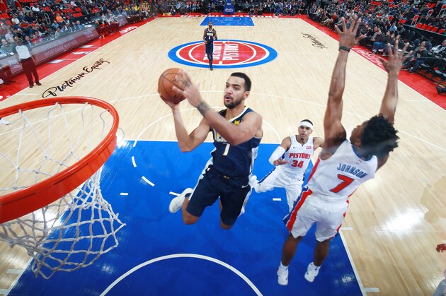 DETROIT, MI - DECEMBER 12:  Trey Lyles #7 of the Denver Nuggets drives to the basket against the Detroit Pistons on December 12, 2017 at Little Caesars Arena in Detroit, Michigan. NOTE TO USER: User expressly acknowledges and agrees that, by downloading and/or using this photograph, User is consenting to the terms and conditions of the Getty Images License Agreement. Mandatory Copyright Notice: Copyright 2017 NBAE (Photo by Brian Sevald/NBAE via Getty Images)