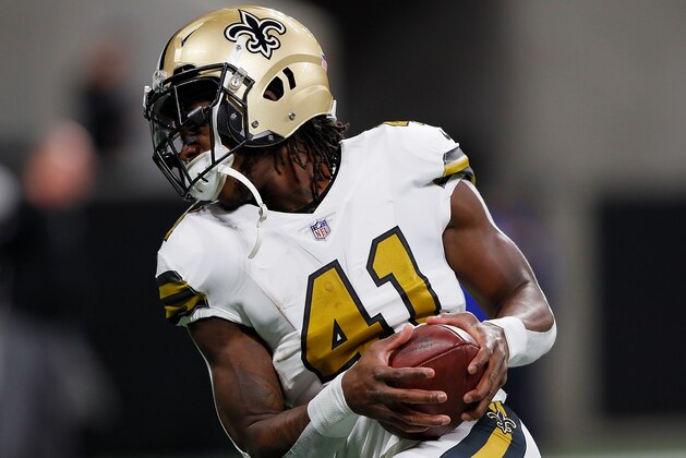 ATLANTA, GA - DECEMBER 07:  Alvin Kamara #41 of the New Orleans Saints warms up prior to facing the Atlanta Falcons at Mercedes-Benz Stadium on December 7, 2017 in Atlanta, Georgia.  (Photo by Kevin C. Cox/Getty Images)