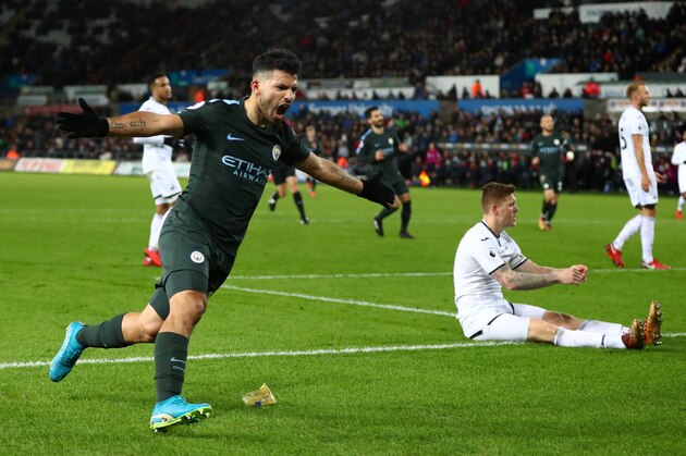 SWANSEA, WALES - DECEMBER 13:  Sergio Aguero of Manchester City celebrates after scoring his sides fourth goal during the Premier League match between Swansea City and Manchester City at Liberty Stadium on December 13, 2017 in Swansea, Wales.  (Photo by Michael Steele/Getty Images)