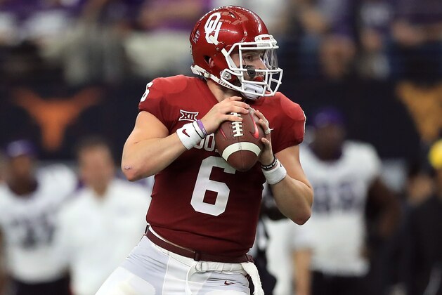 ARLINGTON, TX - DECEMBER 02: Baker Mayfield #6 of the Oklahoma Sooners looks to pass against the TCU Horned Frogs in the second quarter during Big 12 Championship at AT&T Stadium on December 2, 2017 in Arlington, Texas. (Photo by Ronald Martinez/Getty Images) ARLINGTON, TX - DECEMBER 02: Baker Mayfield #6 of the Oklahoma Sooners looks to pass against the TCU Horned Frogs in the second quarter during Big 12 Championship at AT&T Stadium on December 2, 2017 in Arlington, Texas. (Photo by Ronald Martinez/Getty Images)