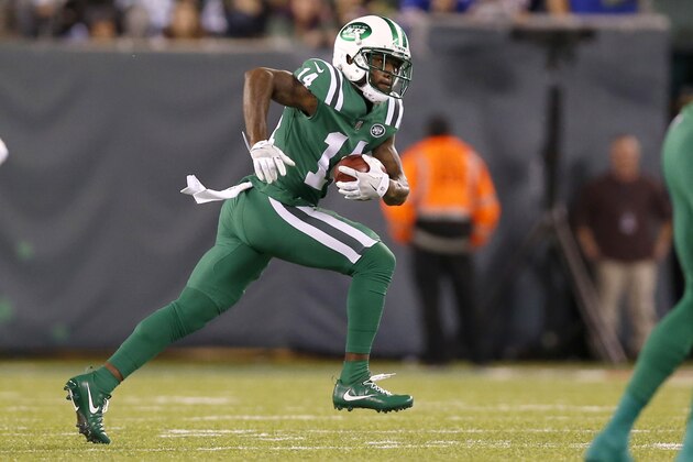 New York Jets' Jeremy Kerley (14) runs with the ball against the Buffalo Bills during the first half of an NFL football game, Thursday, Nov. 2, 2017, in East Rutherford, N.J. (AP Photo/Kathy Willens)