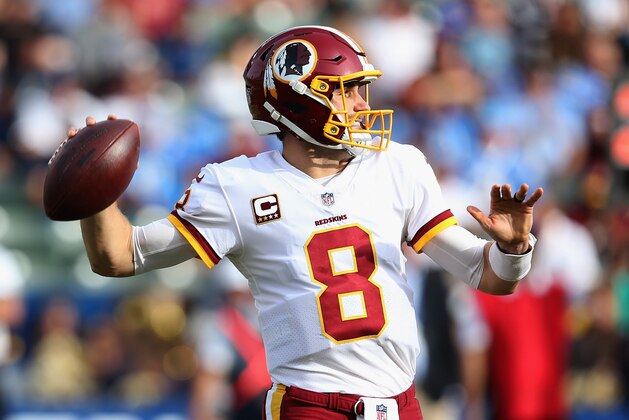 CARSON, CA - DECEMBER 10:  Quarterback Kirk Cousins #8 of the Washington Redskins throws a pass in the second quarter against the Los Angeles Chargers on December 10, 2017 at StubHub Center in Carson, California.  (Photo by Stephen Dunn/Getty Images)