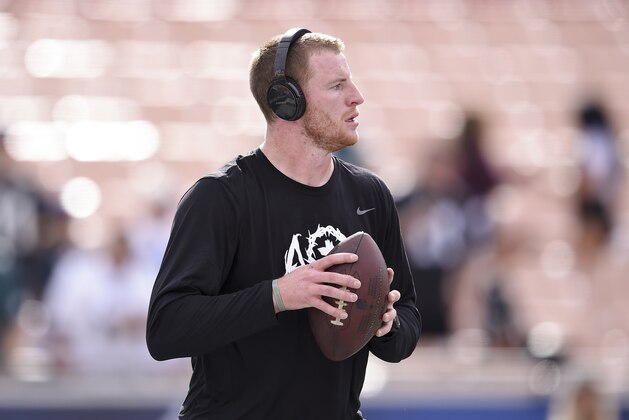 Philadelphia Eagles quarterback Carson Wentz warms up before an NFL football game against the Los Angeles Rams Sunday, Dec. 10, 2017, in Los Angeles. (AP Photo/Kelvin Kuo)